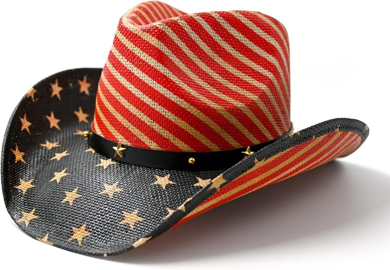 Foeran Men's Women's Straw Cowboy Hat Cowgirl Woven Sun Hat Western Cowboy Hat Two Decorative Bands - Image 1